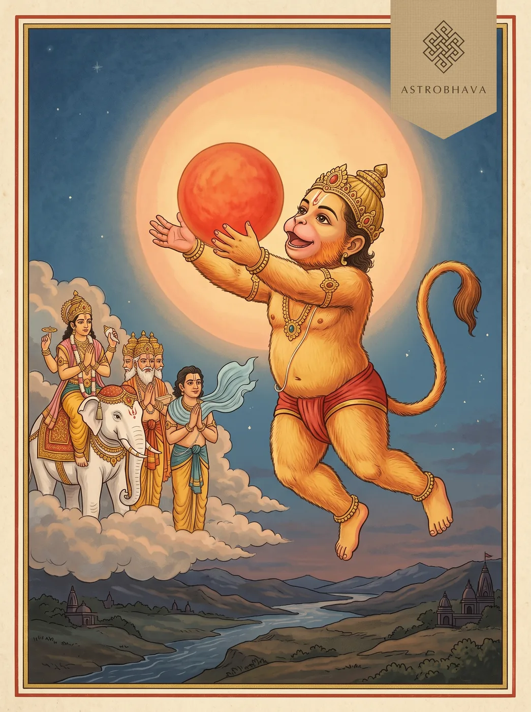 Sankat Mochan Hanuman Ashtak: child Hanuman leaping to swallow the Sun as the worlds darken and the gods plead