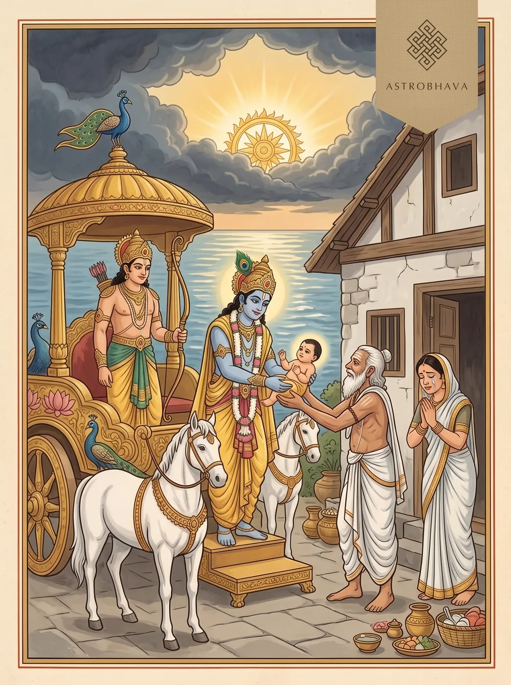 Santan Gopal Mantra: Krishna stepping down from Arjuna's chariot to hand the lost infant to the brahmin of Dvaraka and his wife