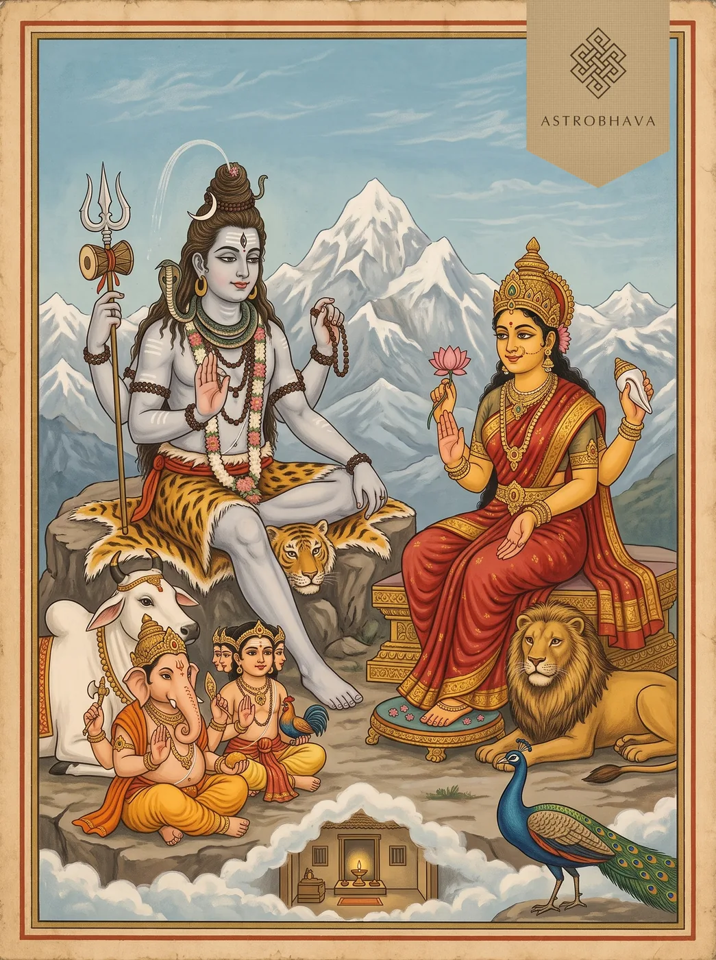 Saptashloki Durga: Shiva asking the Devi on Mount Kailash for a sure way for devotees as she answers, her lion at rest
