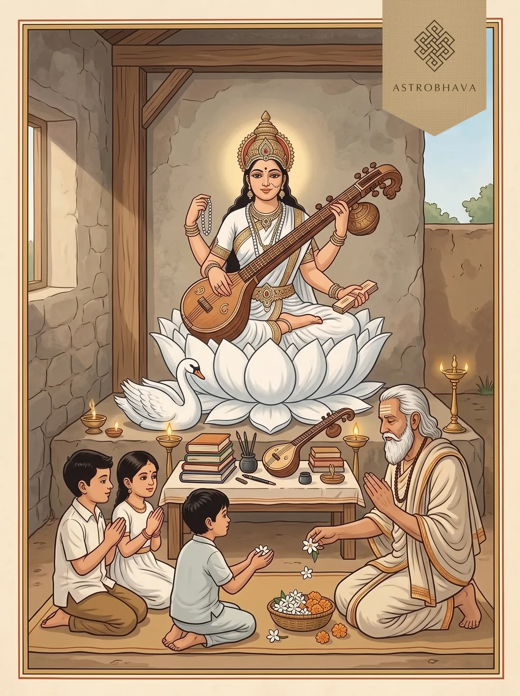 Saraswati Ashtottara Shatanamavali: a family offering flowers to Saraswati with their books laid before her for Saraswati Puja