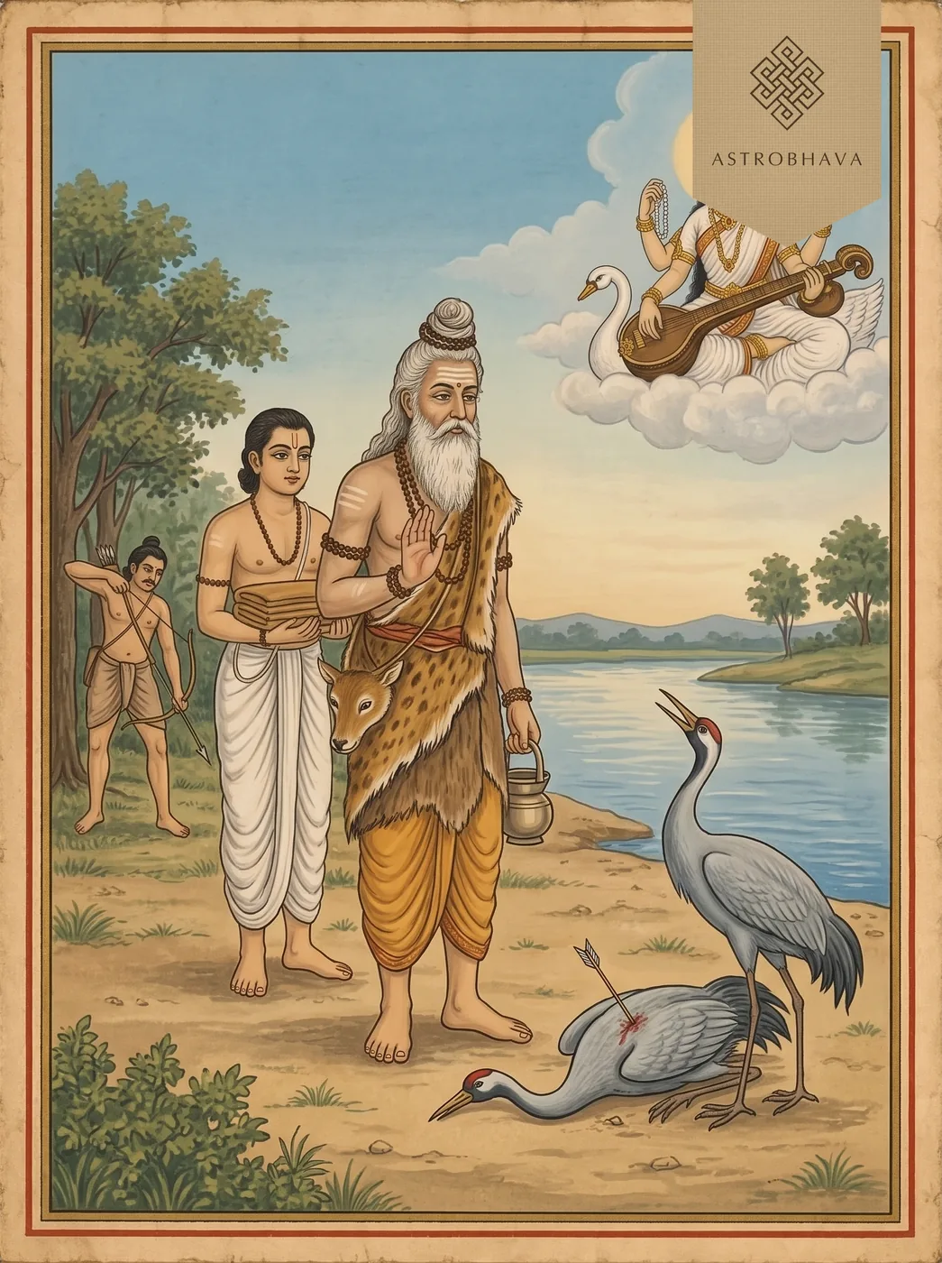 Saraswati Chalisa: sage Valmiki speaking his first verse over a fallen crane as Saraswati appears on her swan