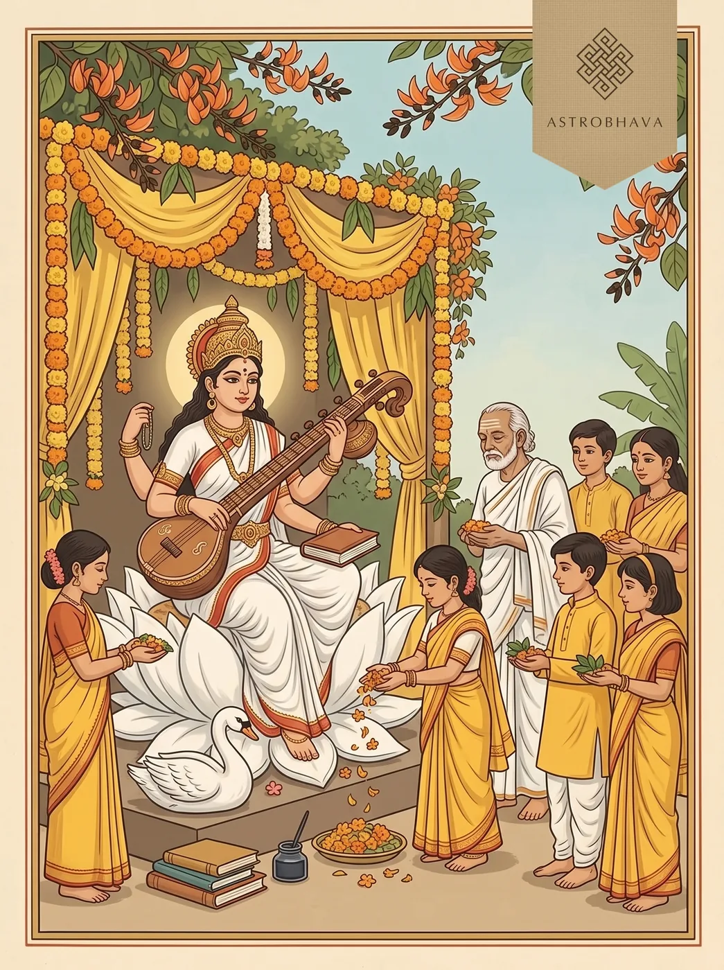 Saraswati Puja Mantra: children in yellow offering the flower anjali before white-clad Saraswati with her vina and swan on Shri Panchami morning