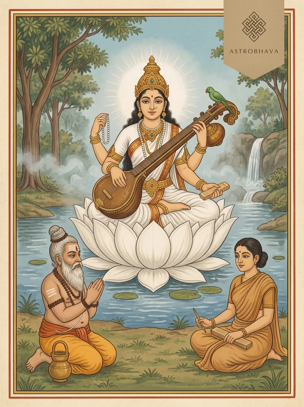 Saraswati Stotram: Agastya and Lopamudra kneeling in the Pothigai hills as Saraswati appears with her vina
