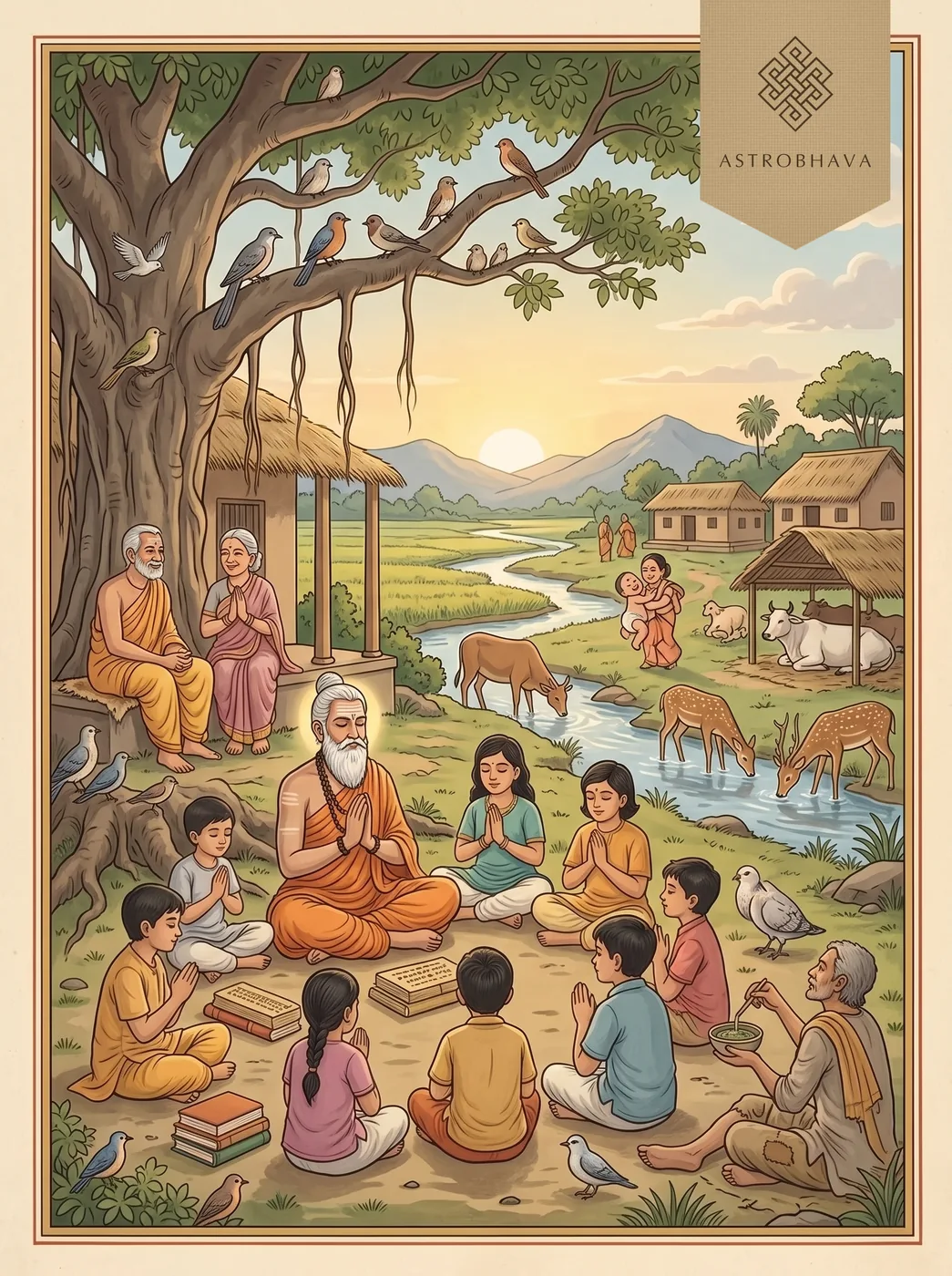 Sarve Bhavantu Sukhinah: children ending their lesson in prayer under a banyan as a healer tends the sick and all around are at ease