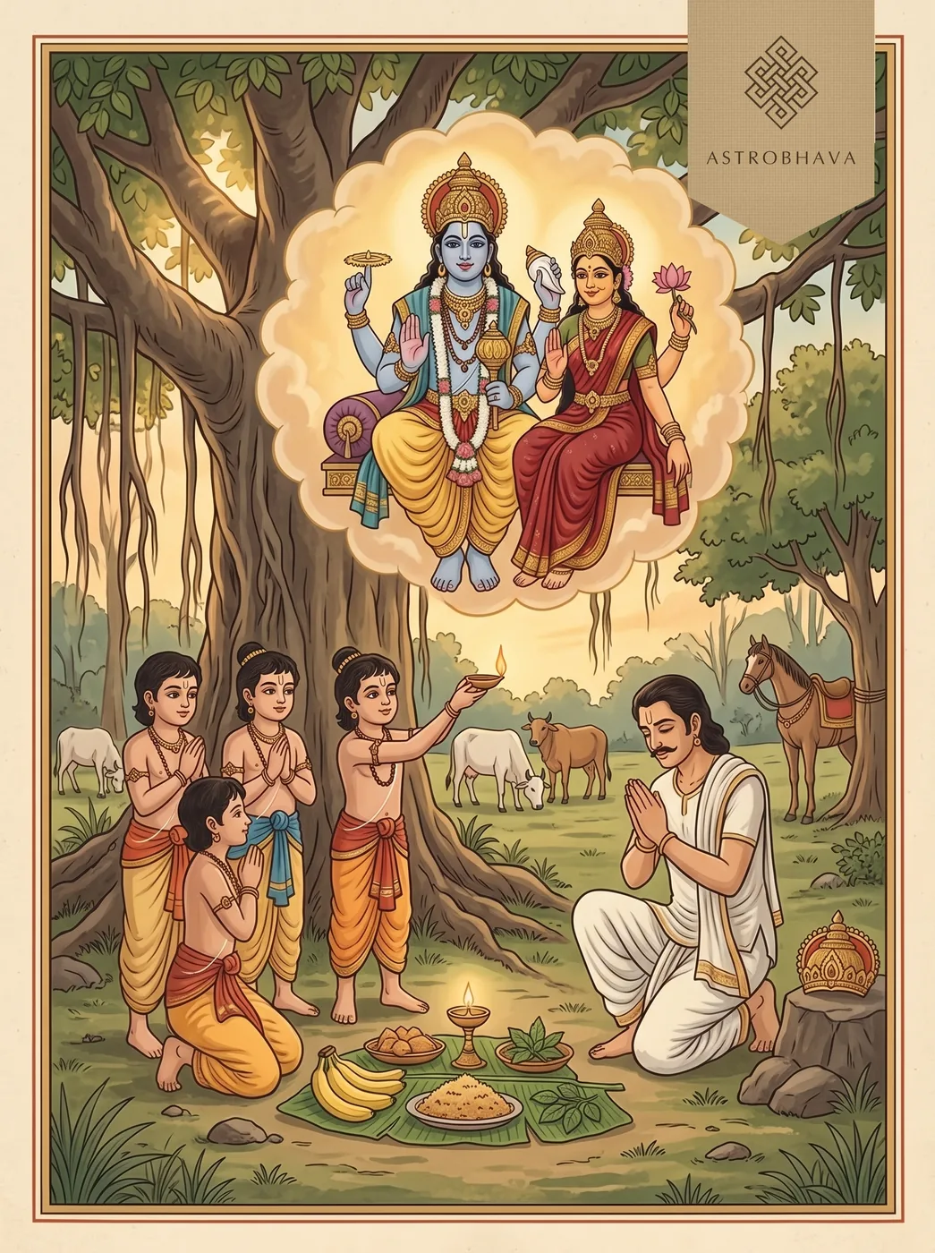 Satyanarayan Aarti: King Tungadhvaja kneeling with cowherd boys at their forest worship as Satyanarayana and Lakshmi appear above