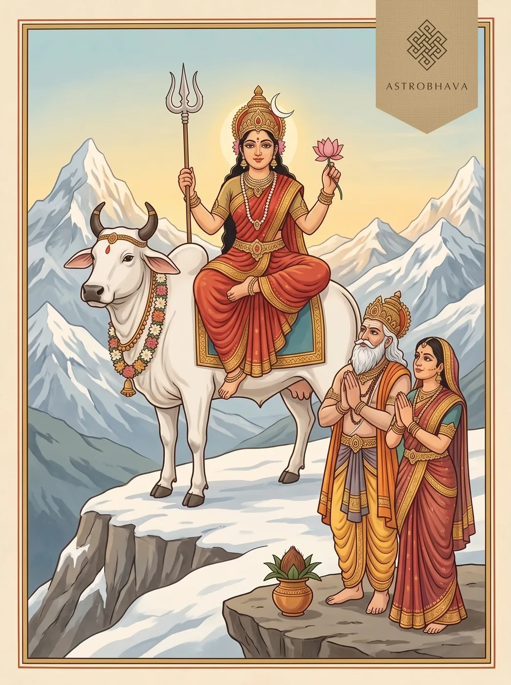 Shailaputri Mantra: Shailaputri on a white bull with trident and lotus and the crescent moon in her crown, as Himavat and Mena bow below