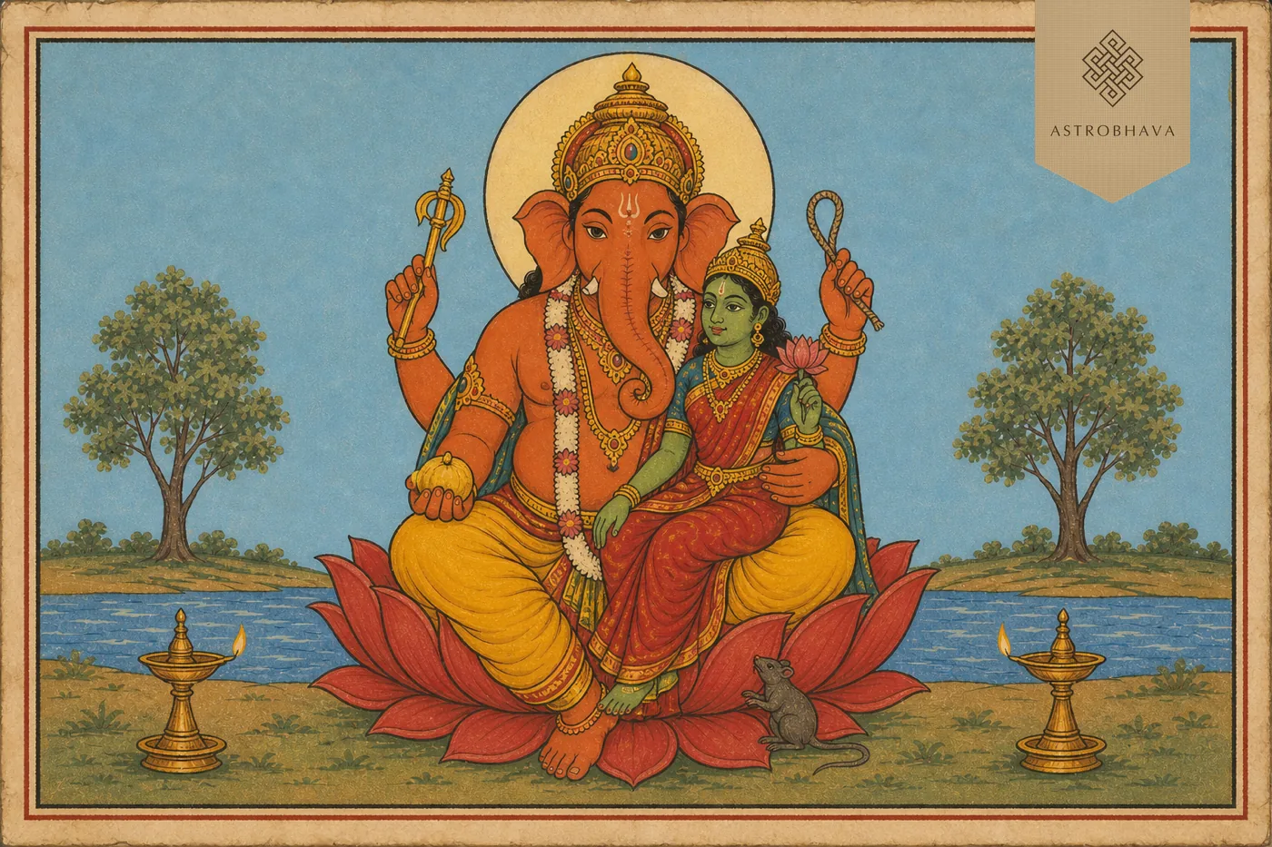 Vintage Indian devotional illustration of four-armed red Shakti Ganapathi seated with green consort, noose, goad and citron