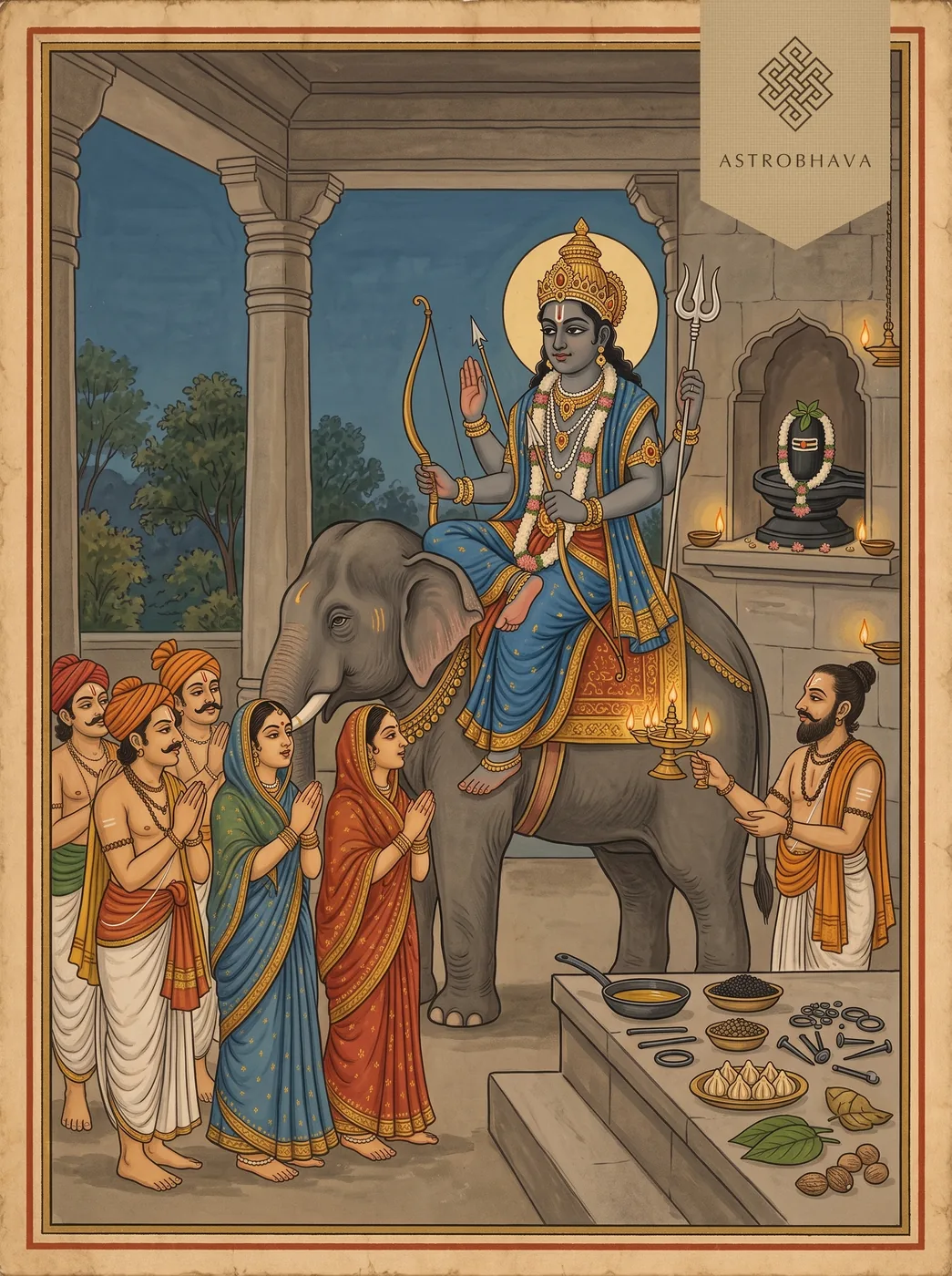 Shani Aarti: devotees waving the aarti lamp before four-armed Shani in blue on an elephant