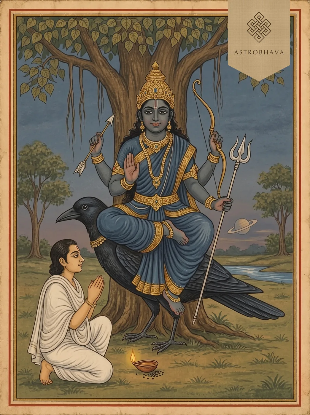 Shani Chalisa: Lord Shani on his crow under a peepal tree as a devotee offers a mustard-oil lamp