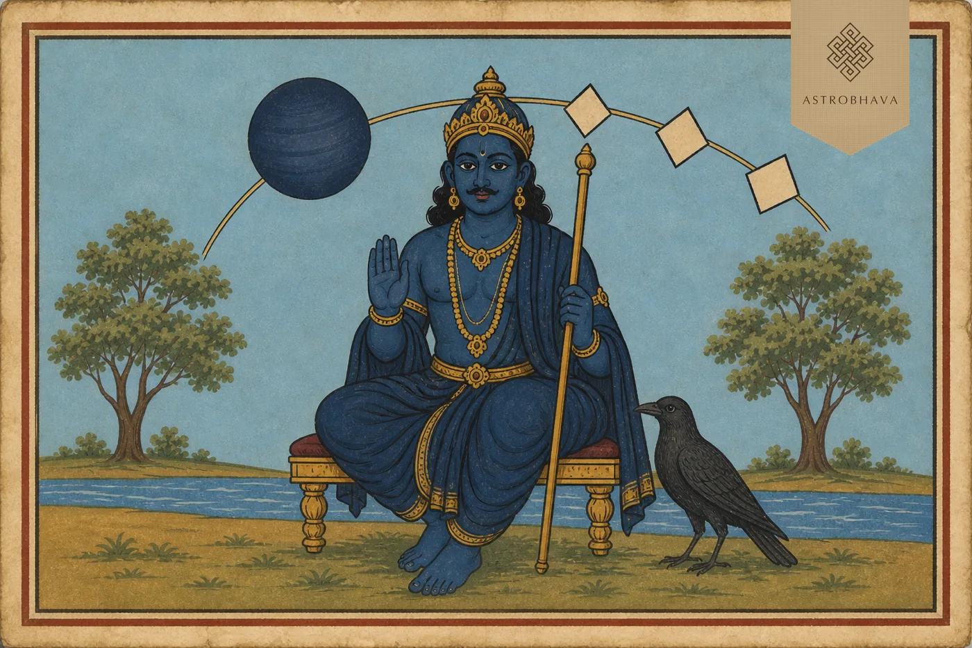 Vintage Indian devotional illustration of Lord Shani with a crow, Saturn and a measured Shani Peyarchi transit arc
