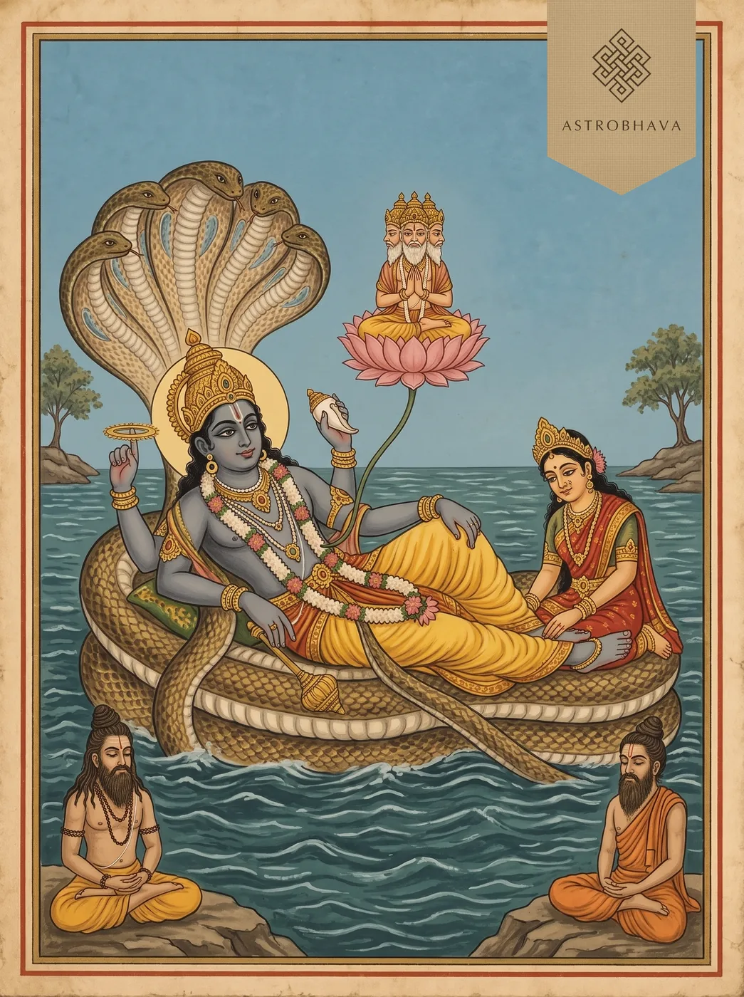 Shantakaram Bhujagashayanam: cloud-blue Vishnu reclining on Adishesha, Brahma on the navel lotus, yogis in meditation