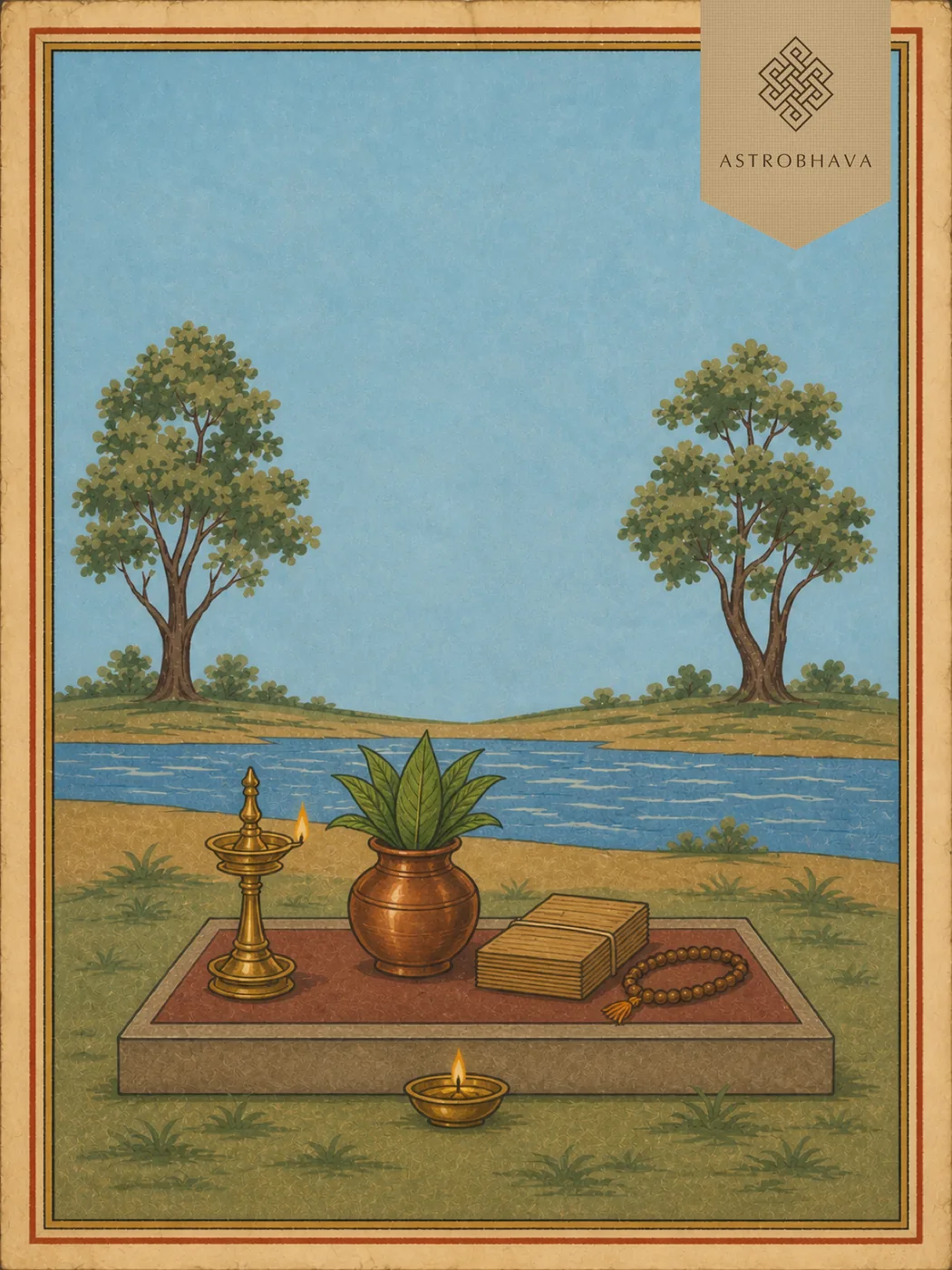 Vintage devotional illustration of a peaceful Vedic recitation altar with an oil lamp, kalasha, mala and palm-leaf manuscript beside a river