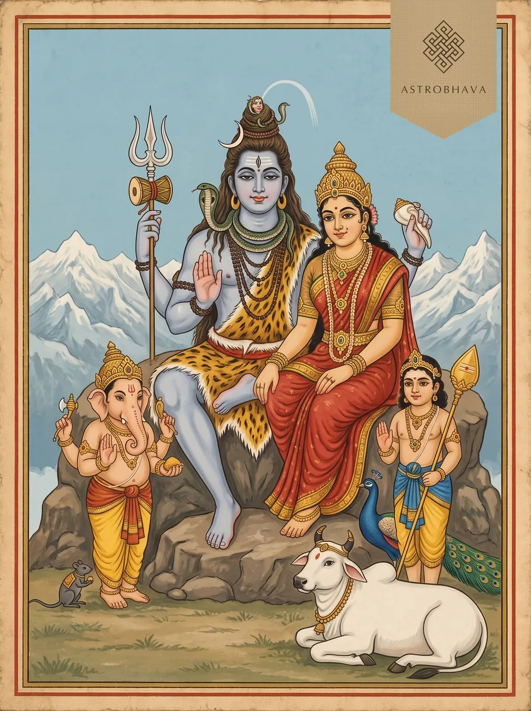 Shiv Chalisa: Lord Shiva with Parvati, Ganesha, Kartikeya and Nandi on Mount Kailash