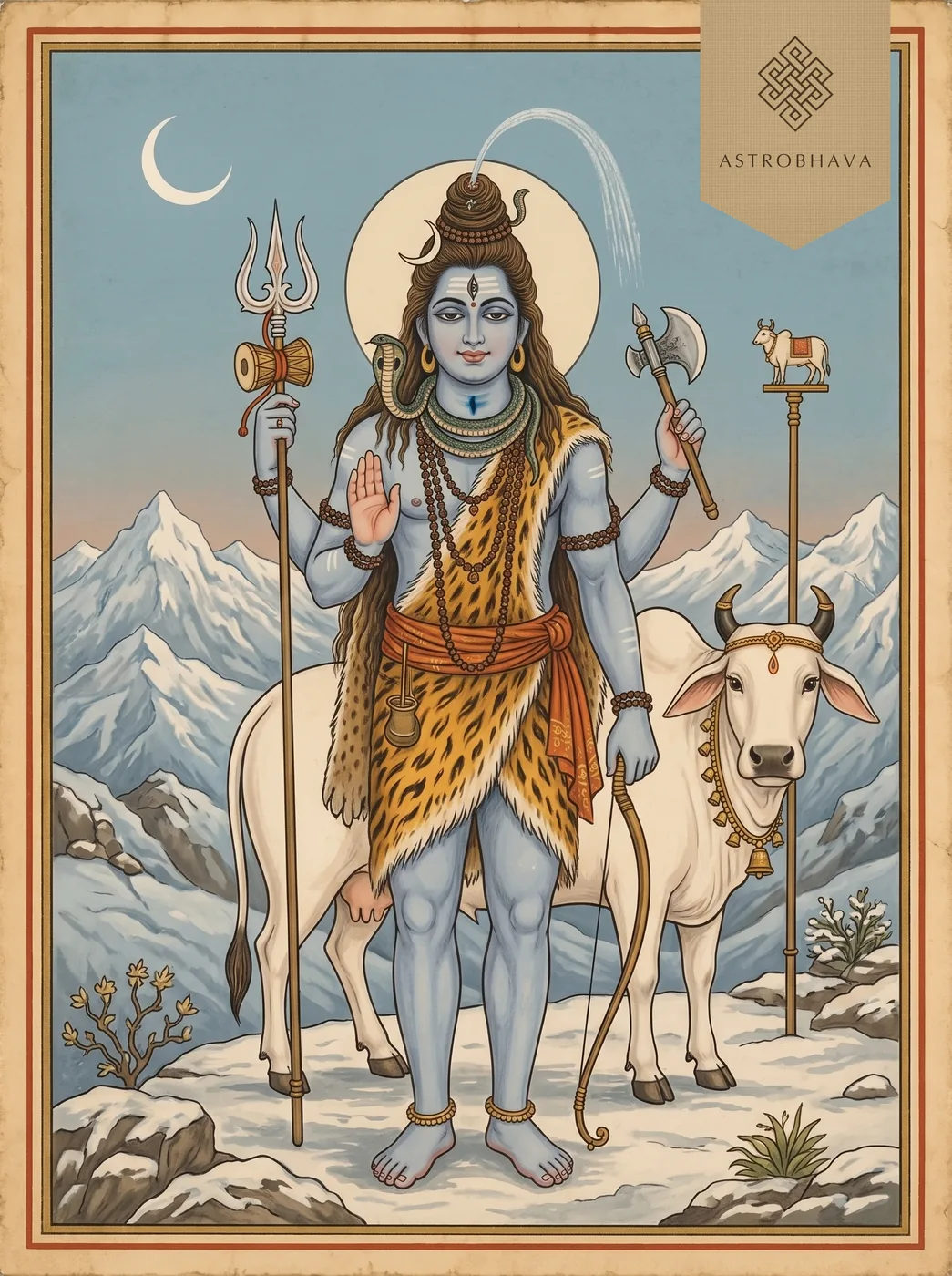 Shiva Ashtottara Shatanamavali (108 Names of Shiva): four-armed blue-throated Shiva on a Himalayan peak, Nandi behind