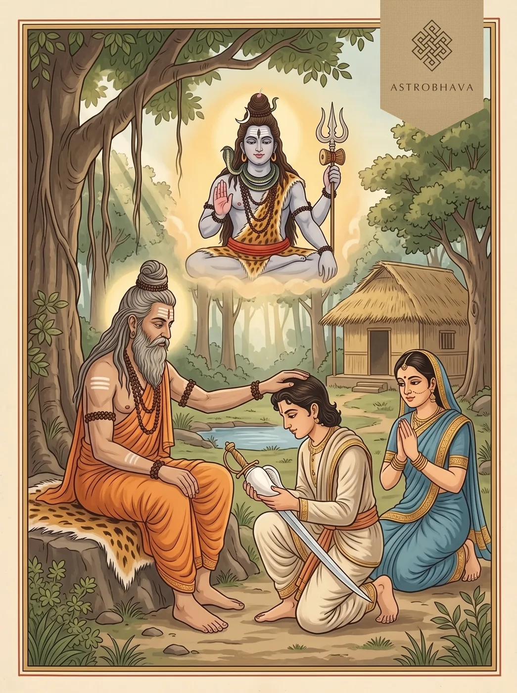 Shiva Kavacham: the yogi Rishabha giving young Prince Bhadrayu the armour of Shiva with a conch and sword as Shiva watches above