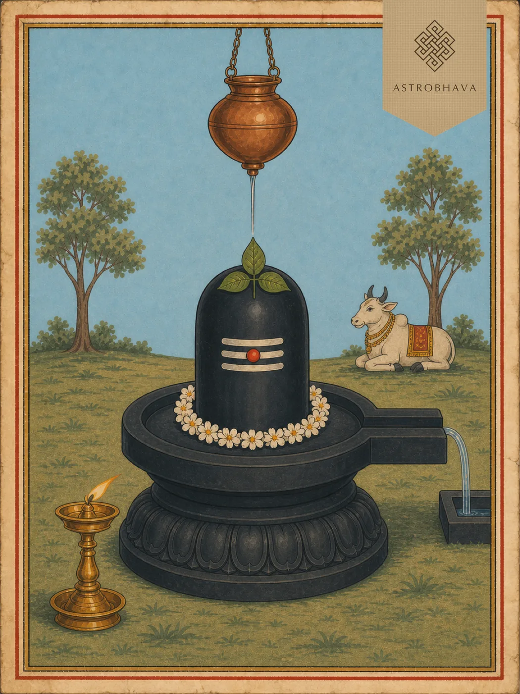 Vintage devotional illustration of a Shiva Lingam with three bilva leaves, copper abhisheka vessel, Nandi and an inward-facing oil lamp