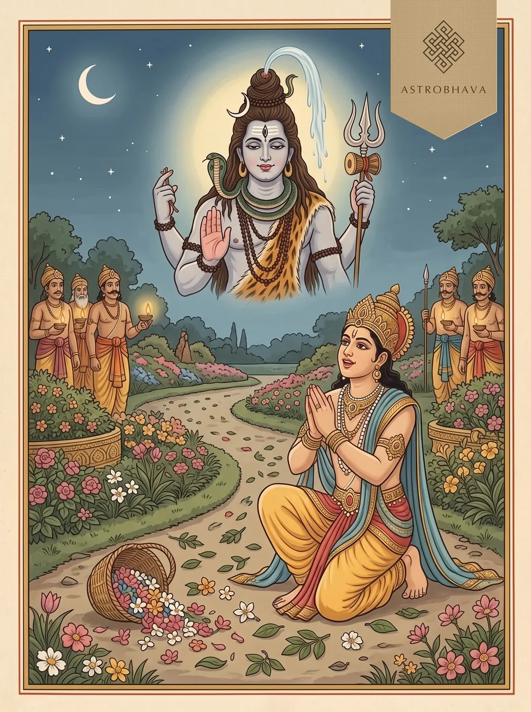 Shiva Mahimna Stotram: the Gandharva Pushpadanta singing on the path of offered bilva leaves as Shiva appears in the moonlit garden