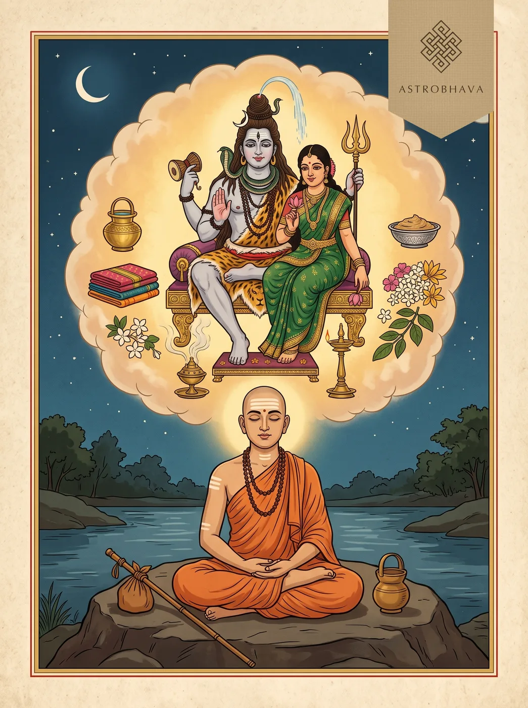 Shiva Manasa Puja: Adi Shankara meditating by a river as Shiva and Parvati receive his imagined offerings above