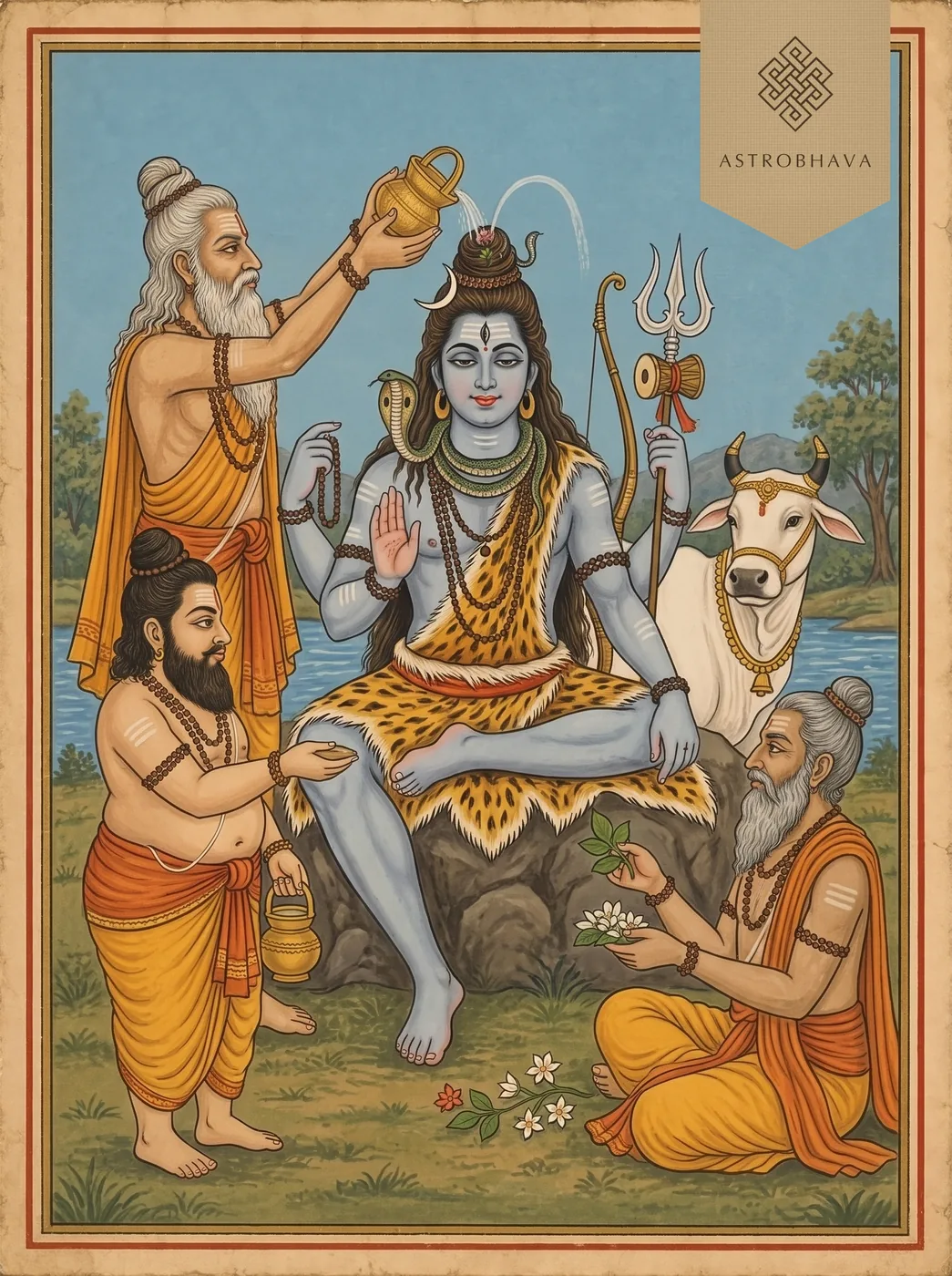Shiva Panchakshara Stotram: Shiva anointed with Ganga water by sages Vasishtha, Agastya and Gautama