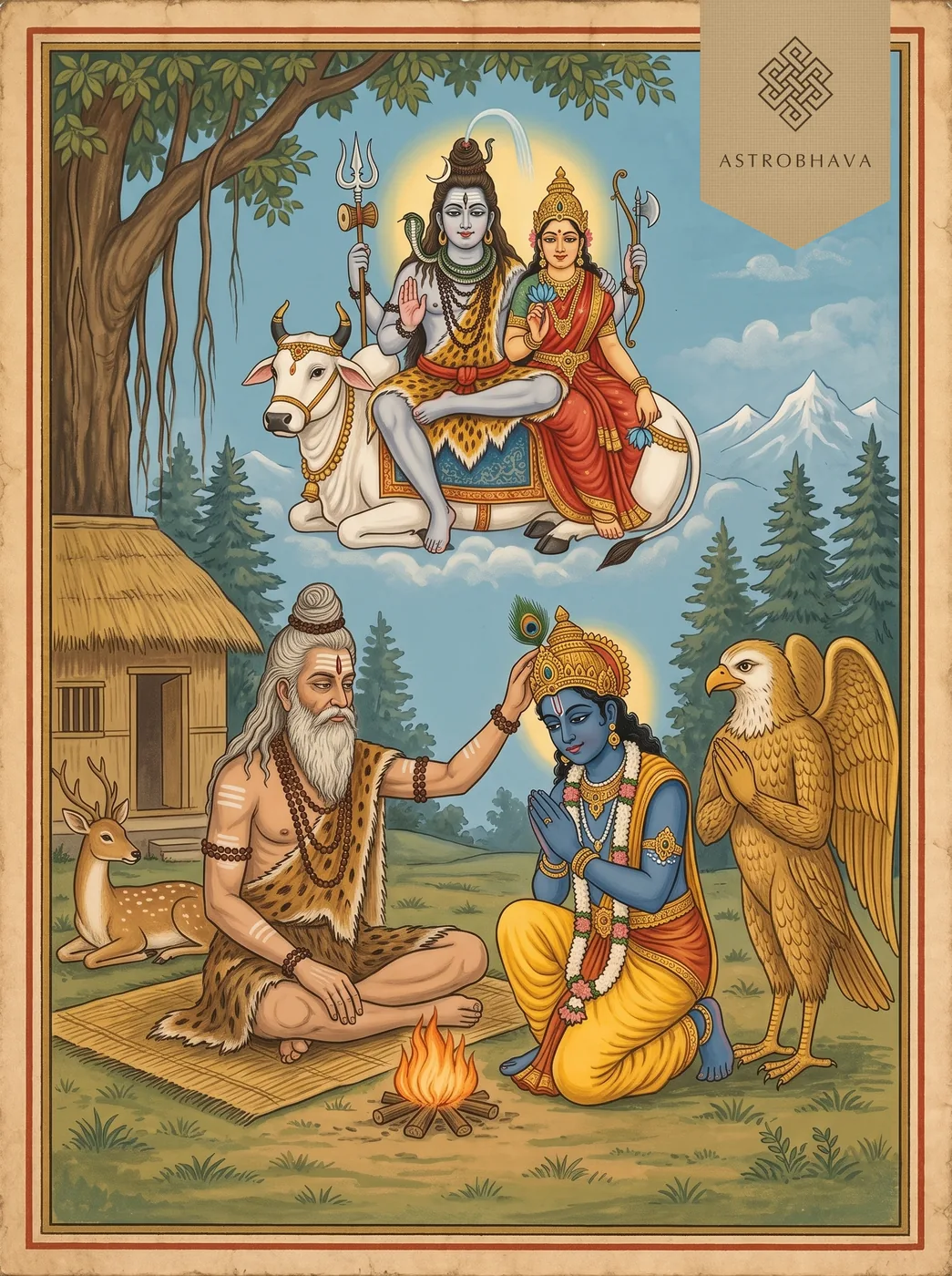 Shiva Sahasranama (Shiva Sahasranamam): Krishna kneeling before sage Upamanyu as Shiva and Uma appear on Nandi