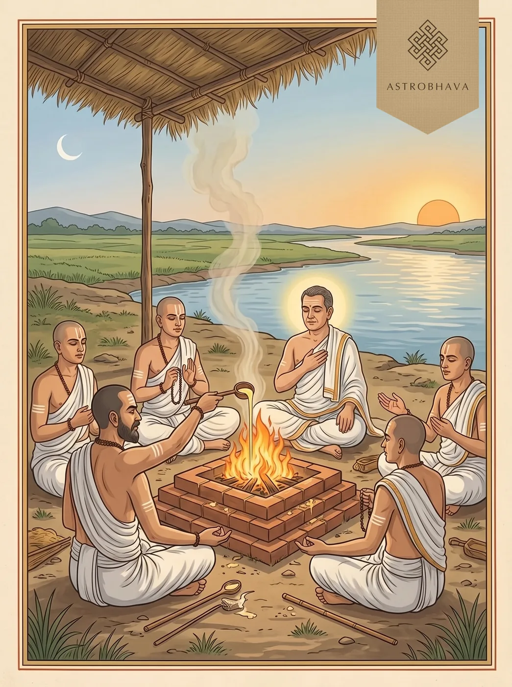 Shiva Sankalpa Suktam: a sacrificer seated in calm meditation before a Vedic fire tended by seven priests, with sun and moon in the sky