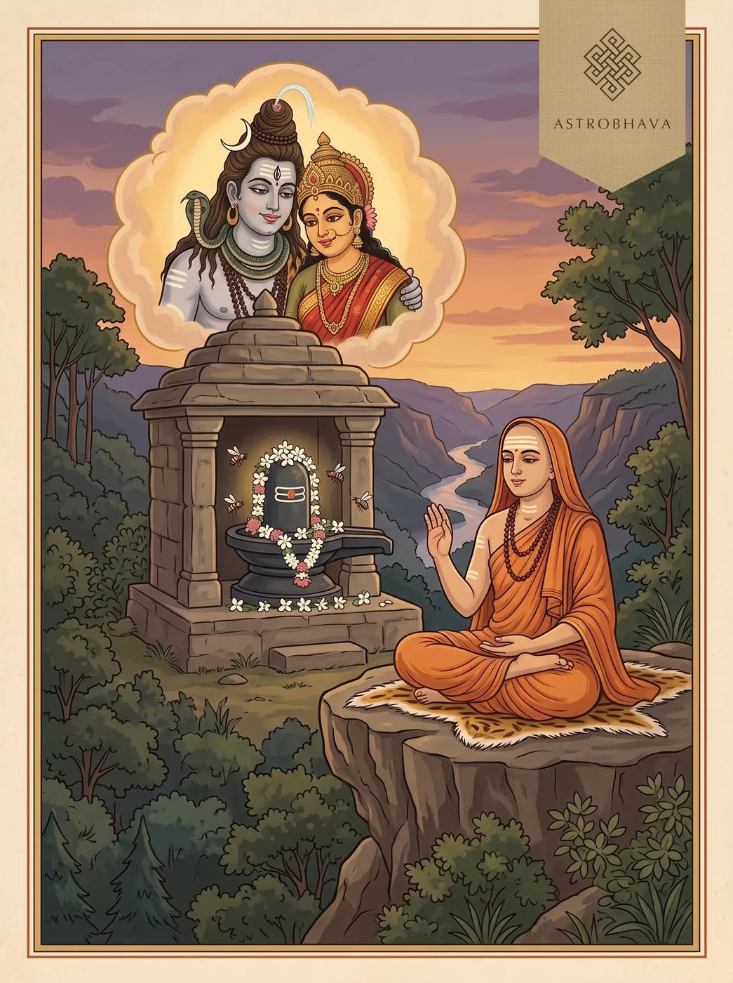 Shivananda Lahari: Adi Shankaracharya singing at Srisailam as Shiva and Parvati appear over the jasmine-garlanded Mallikarjuna linga