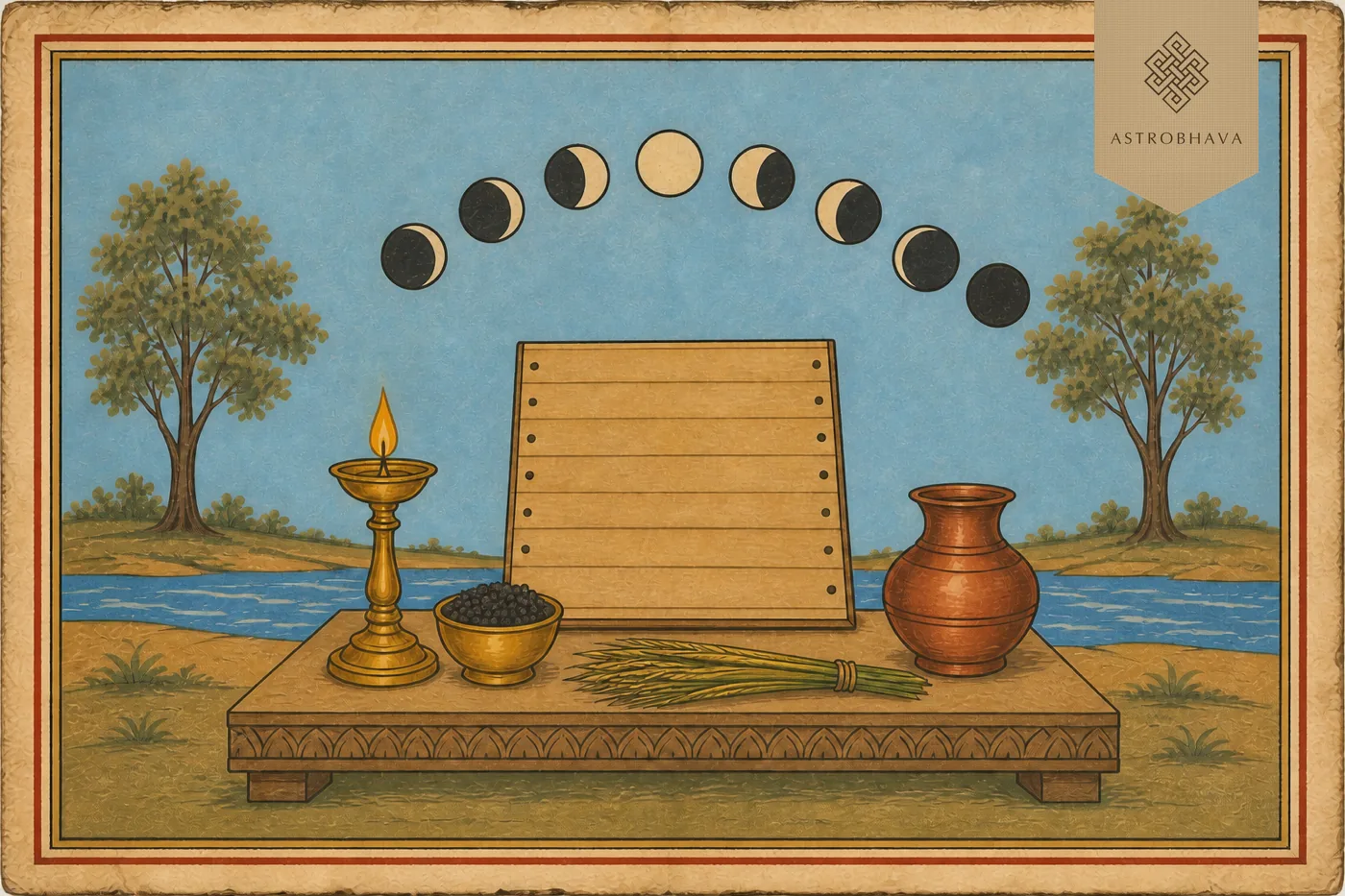 Vintage Indian Shraddha dates illustration with an ancestral lamp, black sesame, darbha grass, copper vessel and lunar tithi calendar