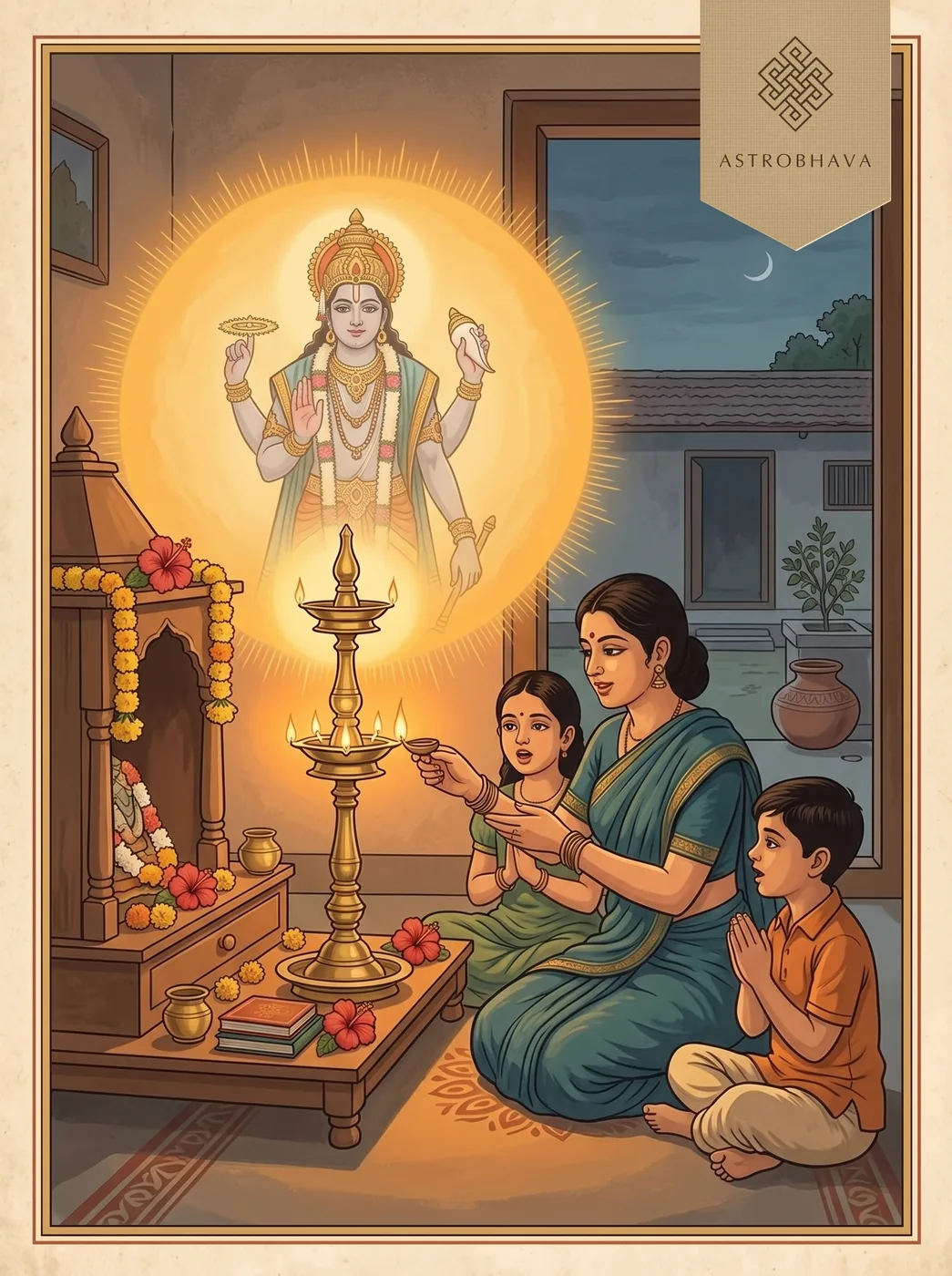 Shubham Karoti Kalyanam: a mother lighting the evening lamp as her children say the verse, the form of Janardana glowing in the flame