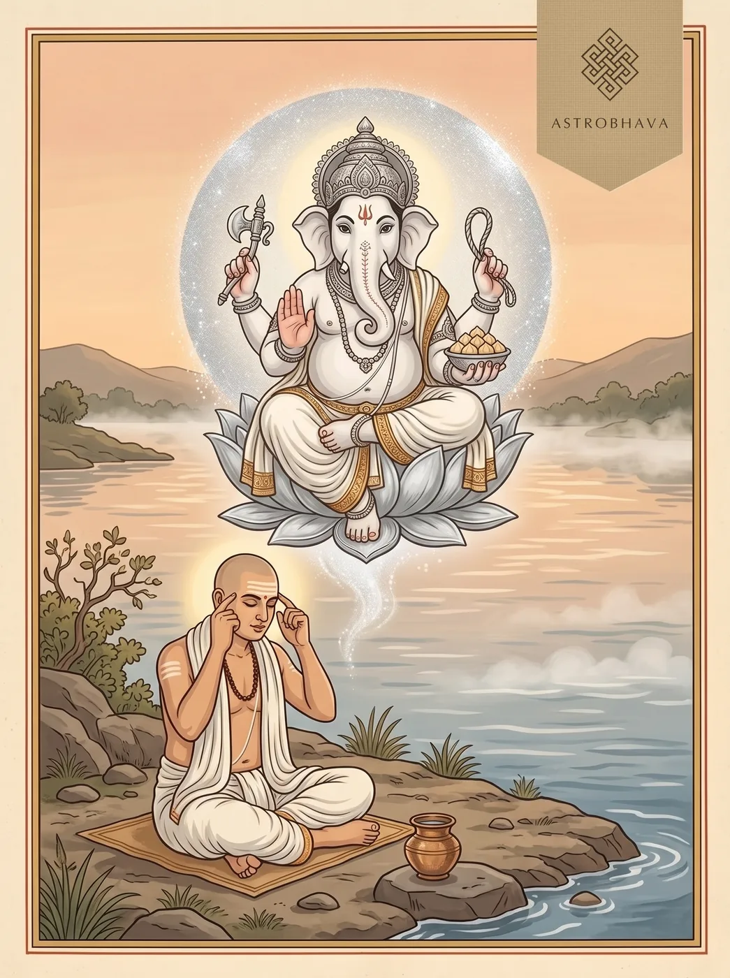 Shuklambaradharam Vishnum: moon-pale, white-clad, four-armed Ganesha appearing as a priest begins his dawn rite by the river