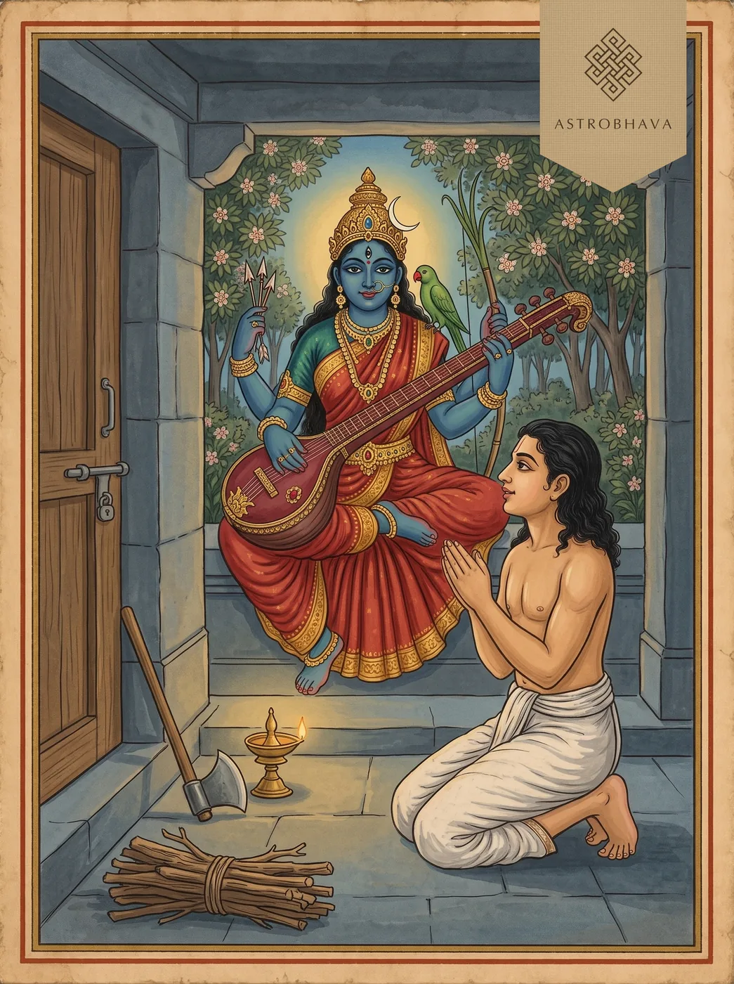 Shyamala Dandakam: young Kalidasa kneeling in the Ujjain shrine as blue Goddess Shyamala appears with vina and parrot
