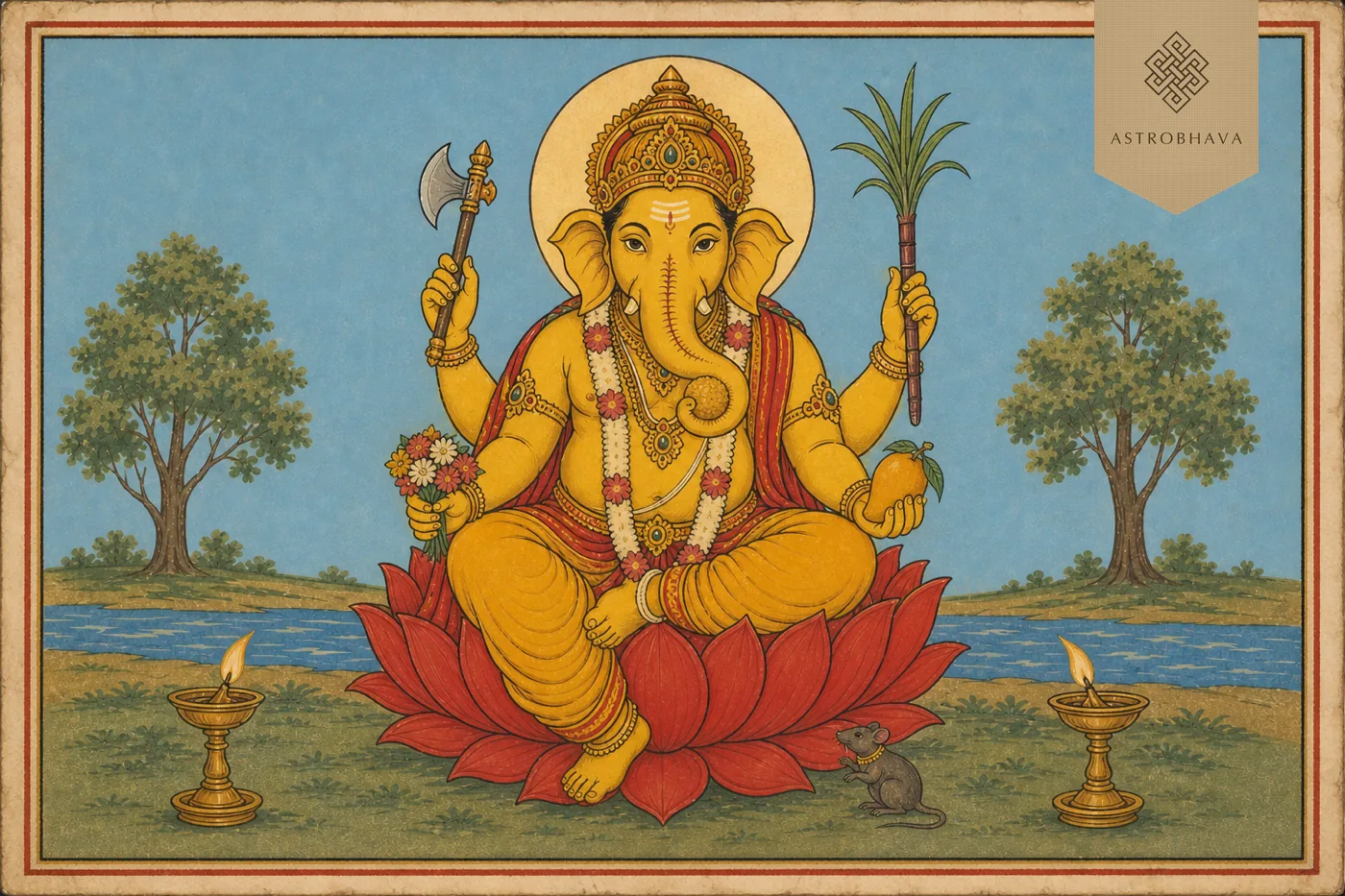 Vintage Indian devotional illustration of golden four-armed Siddhi Ganapathi with mango, flower bouquet, sugarcane, axe and sesame sweet