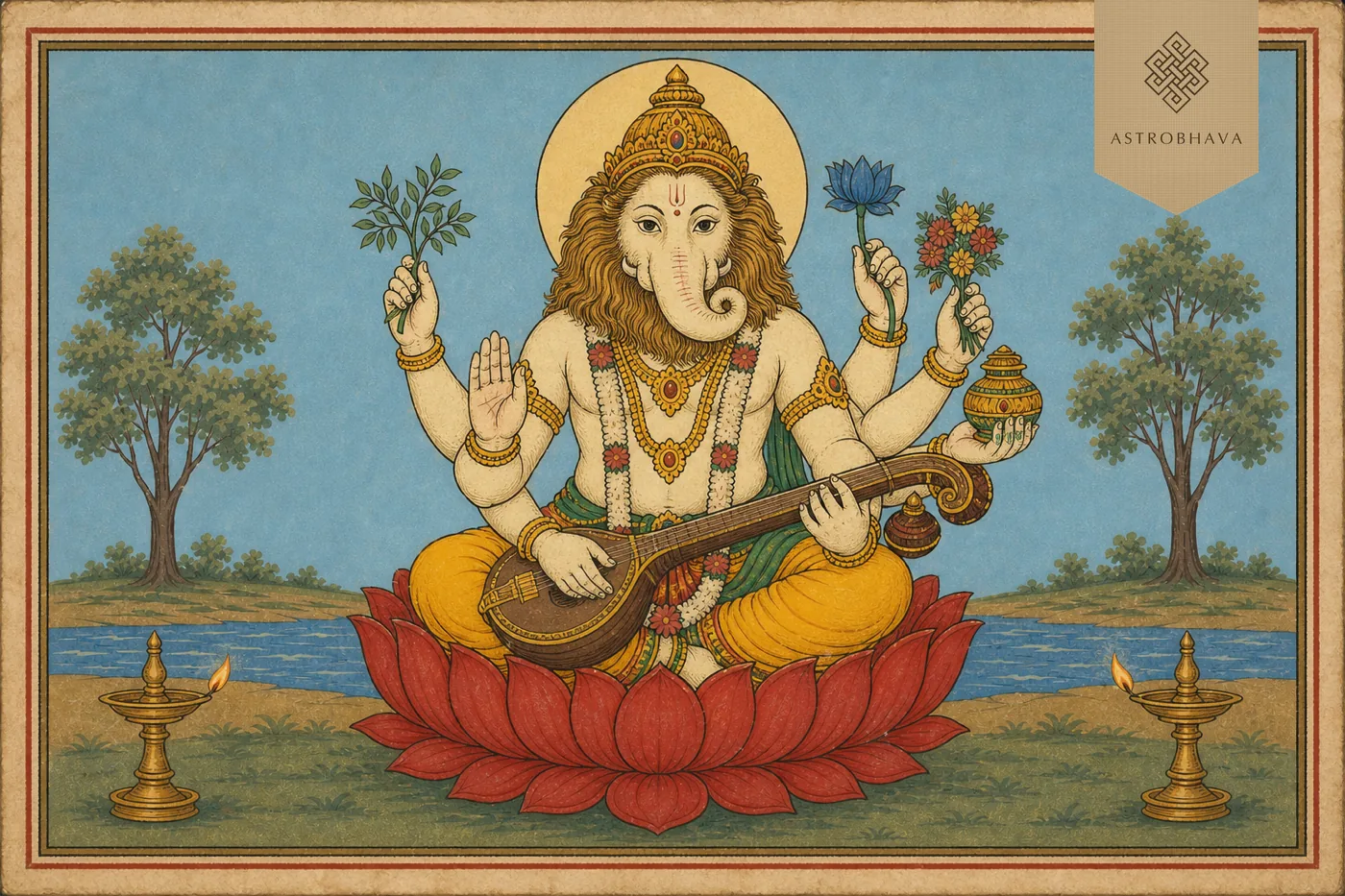 Vintage Indian devotional illustration of white lion-faced eight-armed Simha Ganapathi playing veena with lotus, flowers, tree sprig and jewel pot