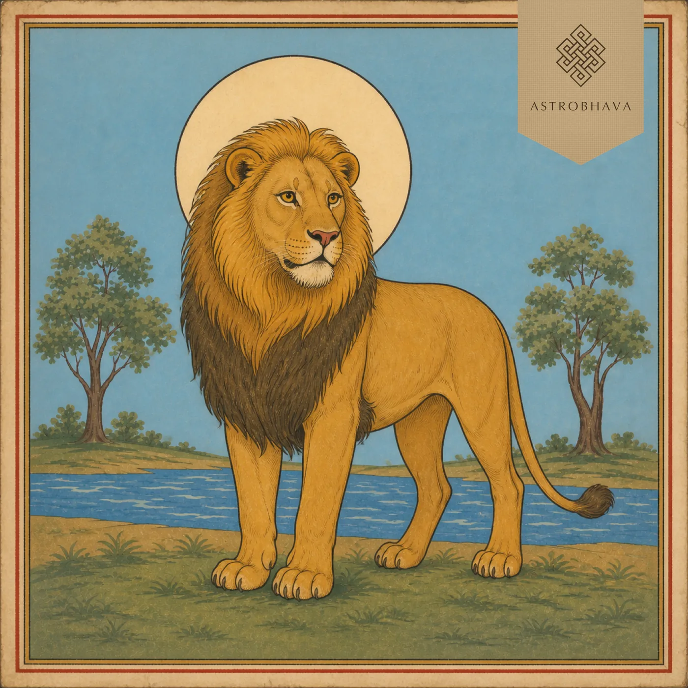 Vintage Indian devotional-calendar illustration of the Simha Leo Asiatic lion standing beside a river in a coordinated Vedic zodiac series