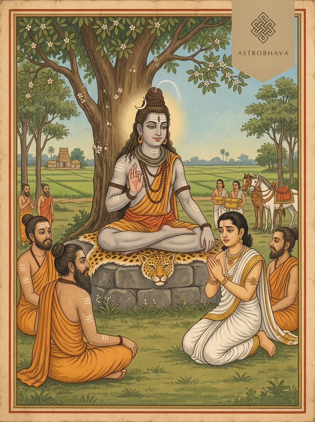 Sivapuranam: Manikkavacakar kneeling before Shiva as an ascetic guru under the kurundha tree
