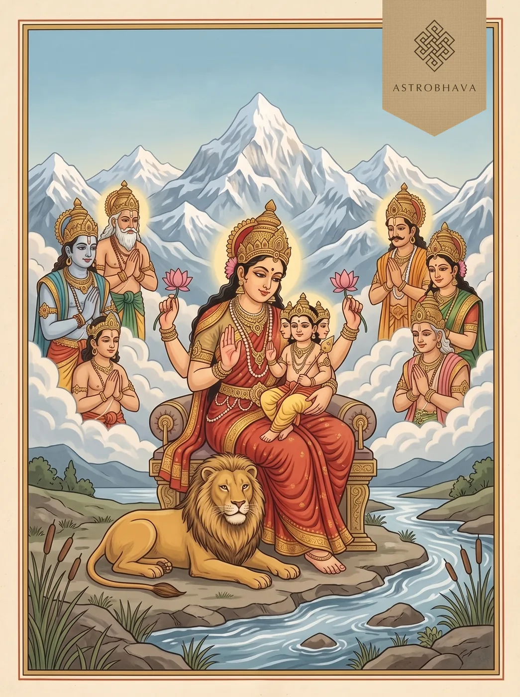 Skandamata Mantra: Goddess Skandamata on her lion throne holding lotuses, with the six-faced infant Skanda in her lap on Kailasa