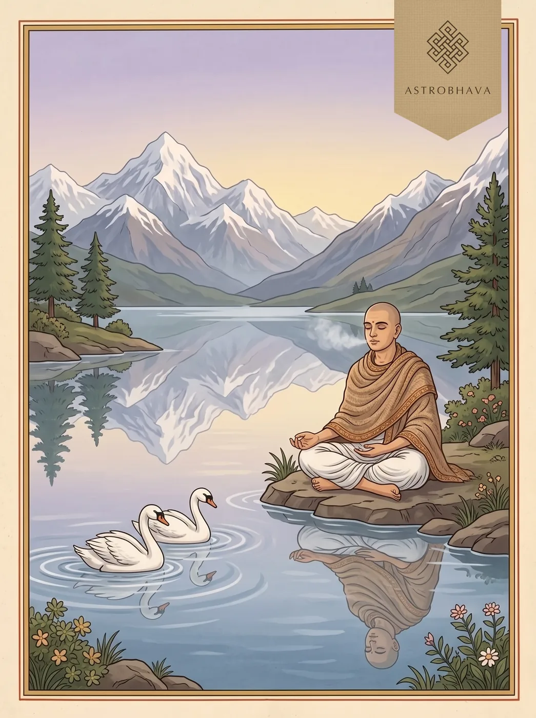 So Hum Mantra: a meditator seated by a still Himalayan lake at dawn as a pair of white swans glides across the reflection