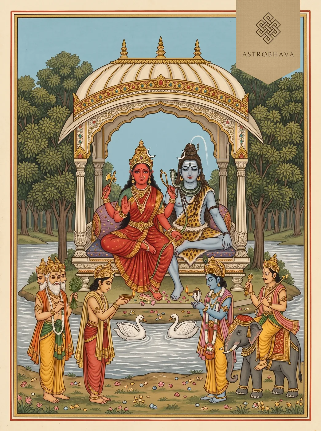Soundarya Lahari: the Goddess with sugarcane bow seated with Shiva on the island of gems as the gods bow
