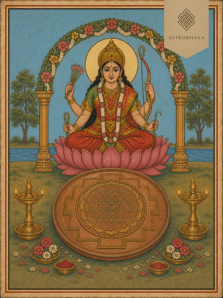 Vintage Indian devotional illustration of Lalita Tripura Sundari worship with a copper Sri Chakra yantra and two brass lamps