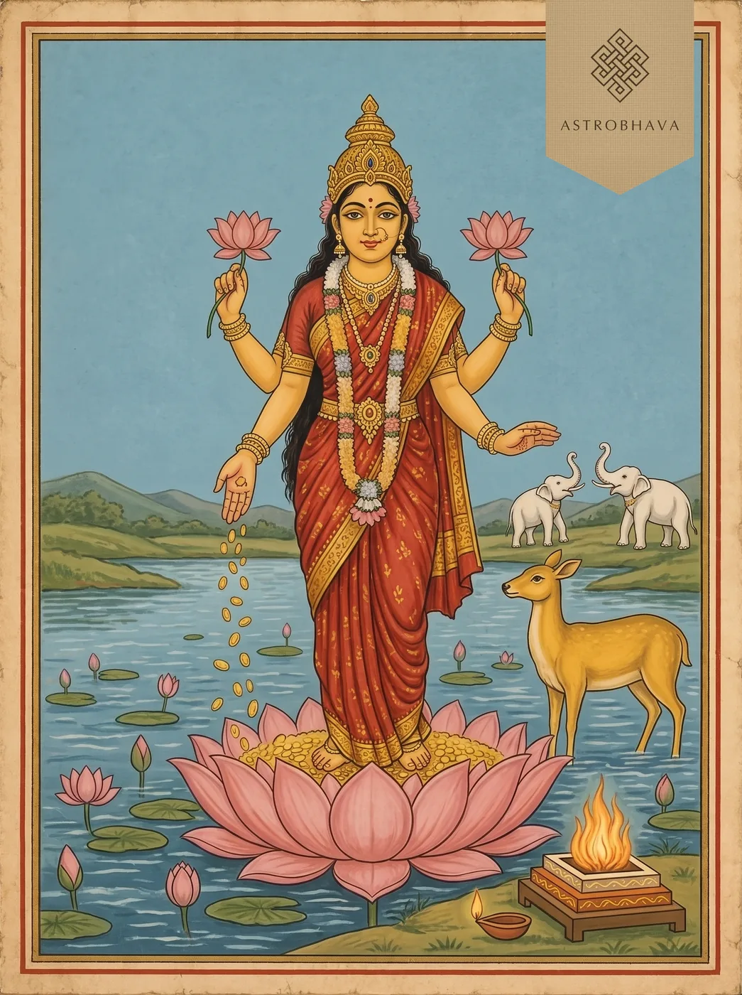 Sri Suktam: golden Goddess Sri Lakshmi on a lotus in a pond with a golden doe, elephants and a fire