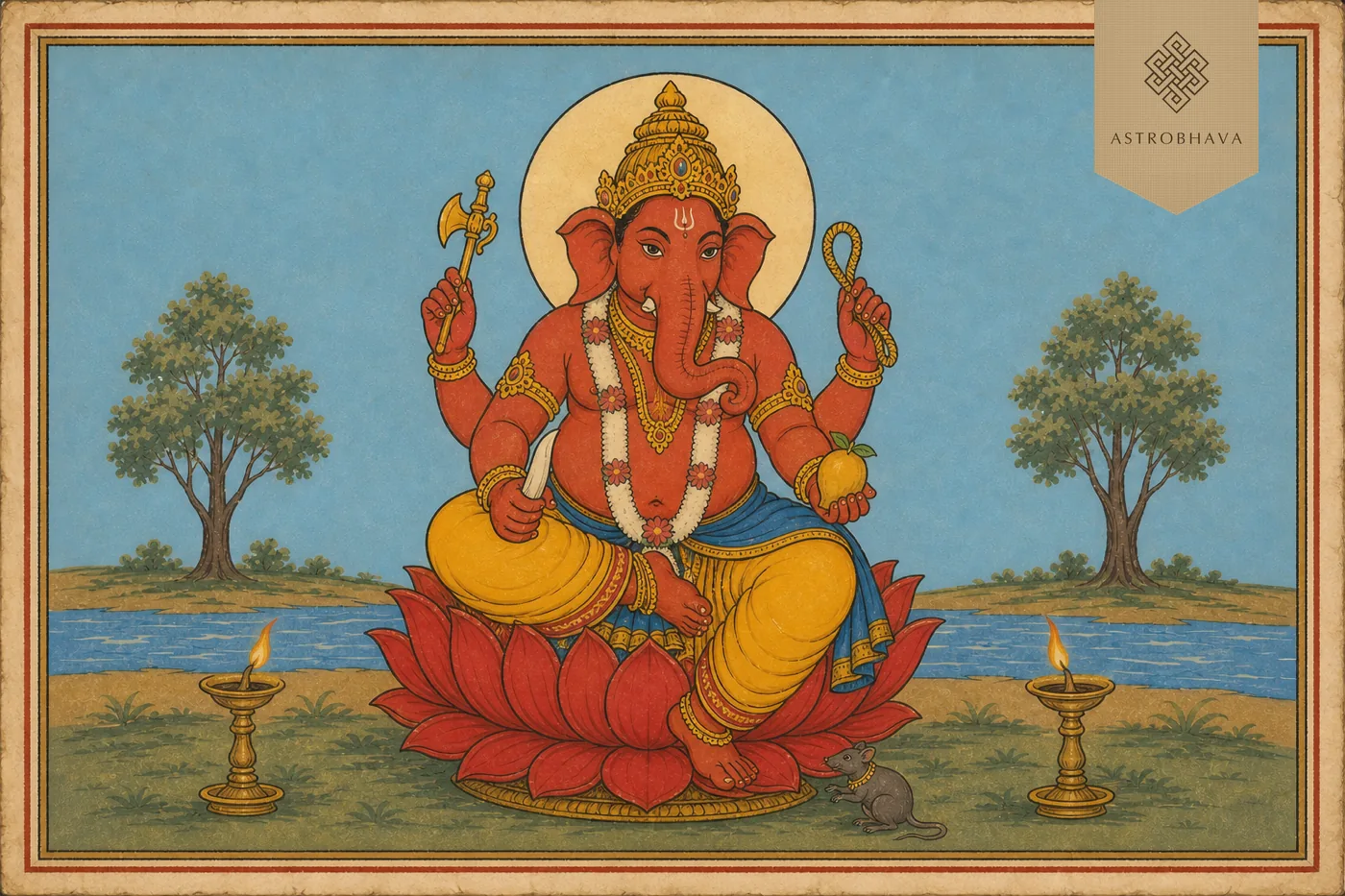 Vintage Indian devotional illustration of red four-armed Srishti Ganapathi holding noose, goad, mango and broken tusk