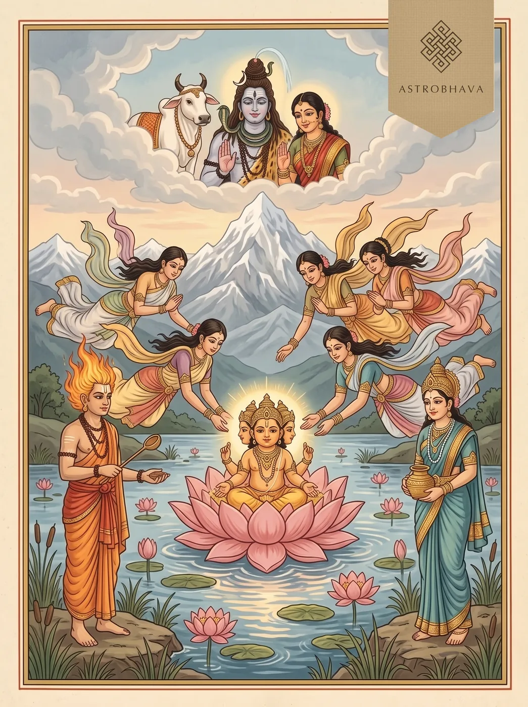 Subramanya Ashtothram: six-faced infant Skanda on the Saravana lake as the six Krittika mothers come to nurse him