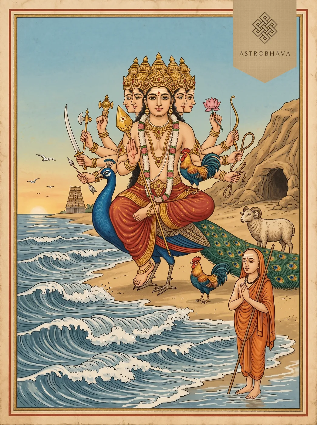 Subramanya Bhujangam: six-faced Murugan on his peacock at Tiruchendur as Adi Shankara sings on the shore