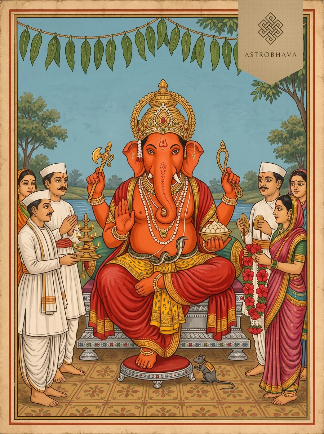 Sukhkarta Dukhharta Aarti: sindoor-red Lord Ganesha on a throne as Maharashtrian devotees perform the aarti