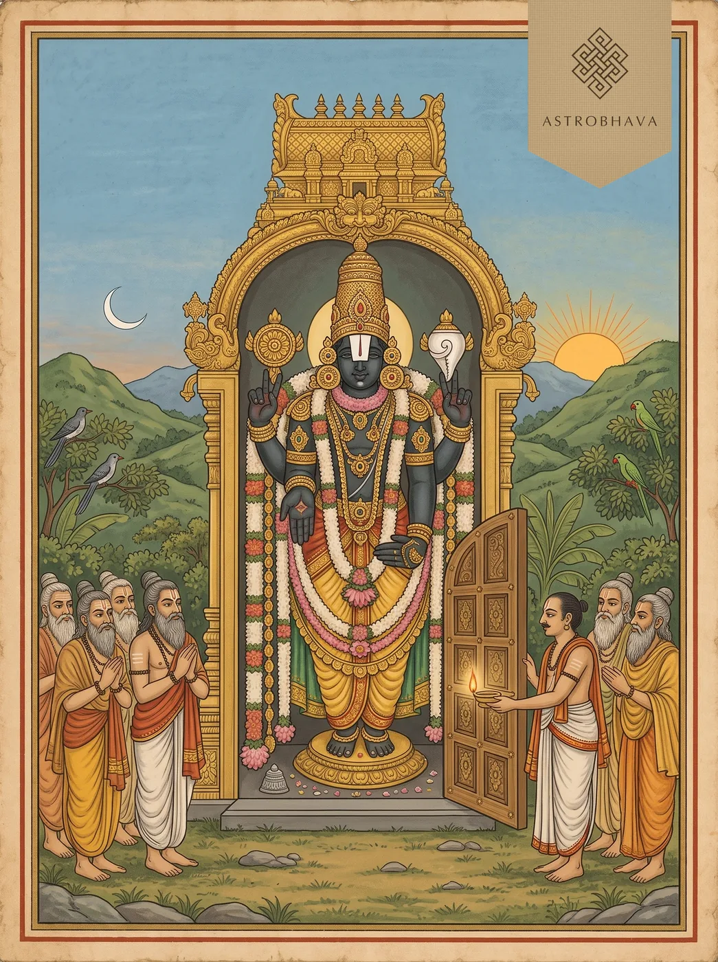 Venkateswara Suprabhatam: Lord Venkateswara in the Tirumala sanctum at dawn as sages wait and a priest opens the door