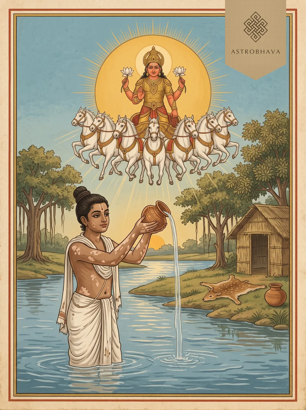 Surya Ashtakam: Samba standing in the Chandrabhaga river offering water to Surya on his seven-horse chariot