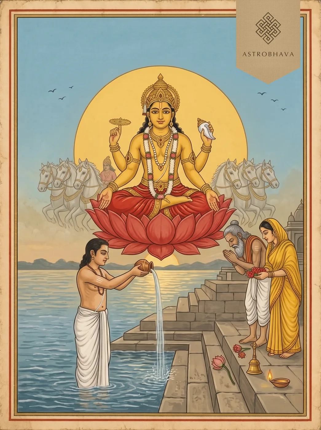 Surya Chalisa: golden Surya with conch and discus seated on a lotus in the rising sun as a devotee offers water