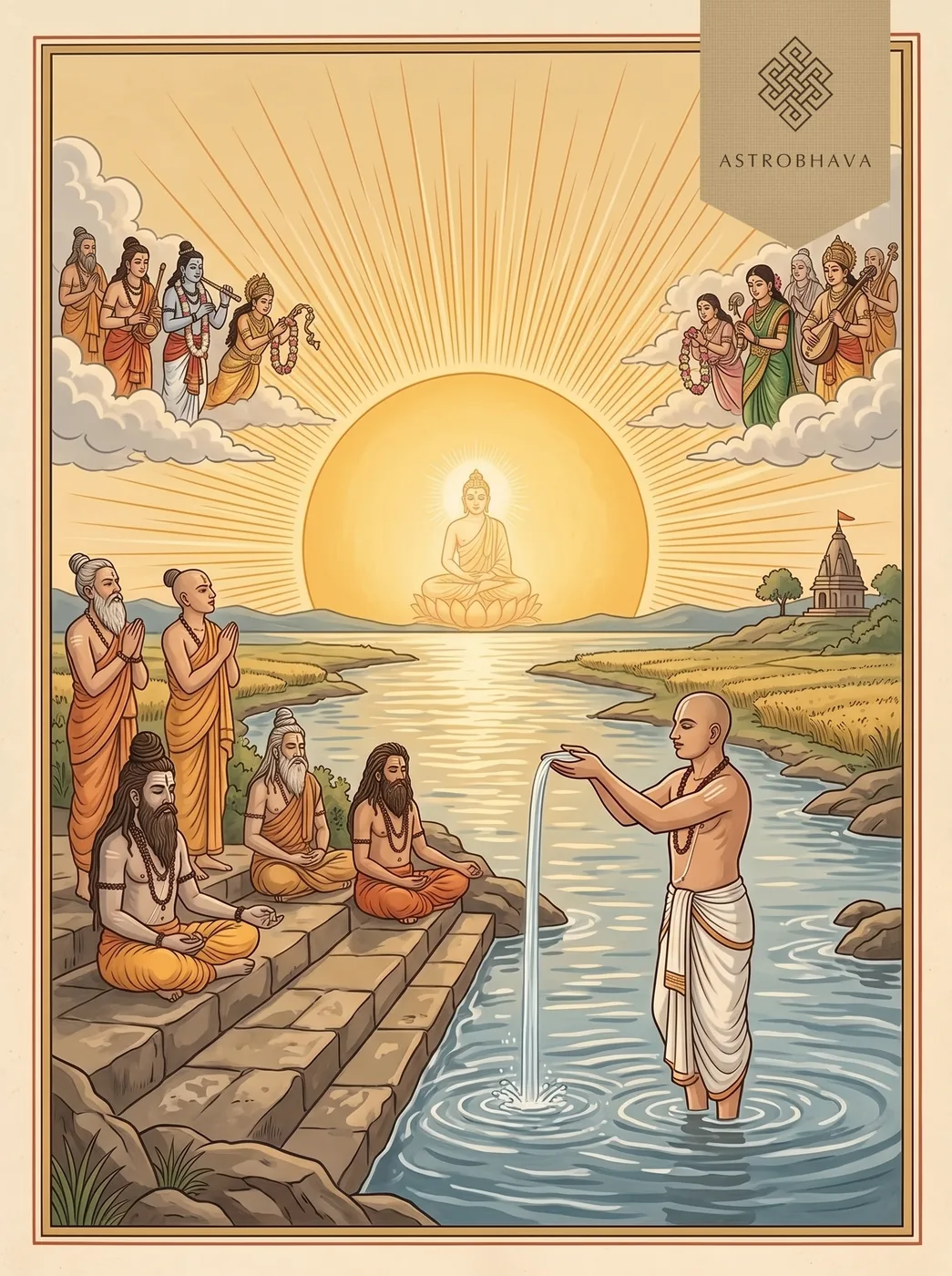 Surya Mandala Stotram: a brahmin offering water to the rising Sun's radiant orb as sages meditate and celestial singers praise it