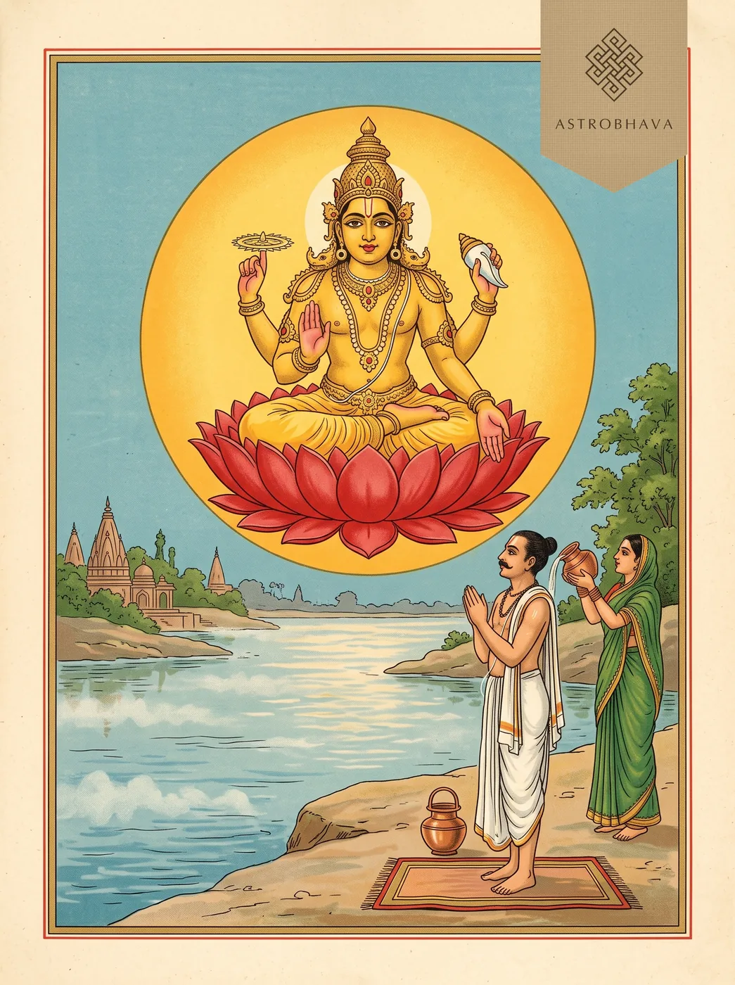 Surya Namaskar Mantras: Narayana on a lotus within the rising Sun as a devotee salutes from a riverbank