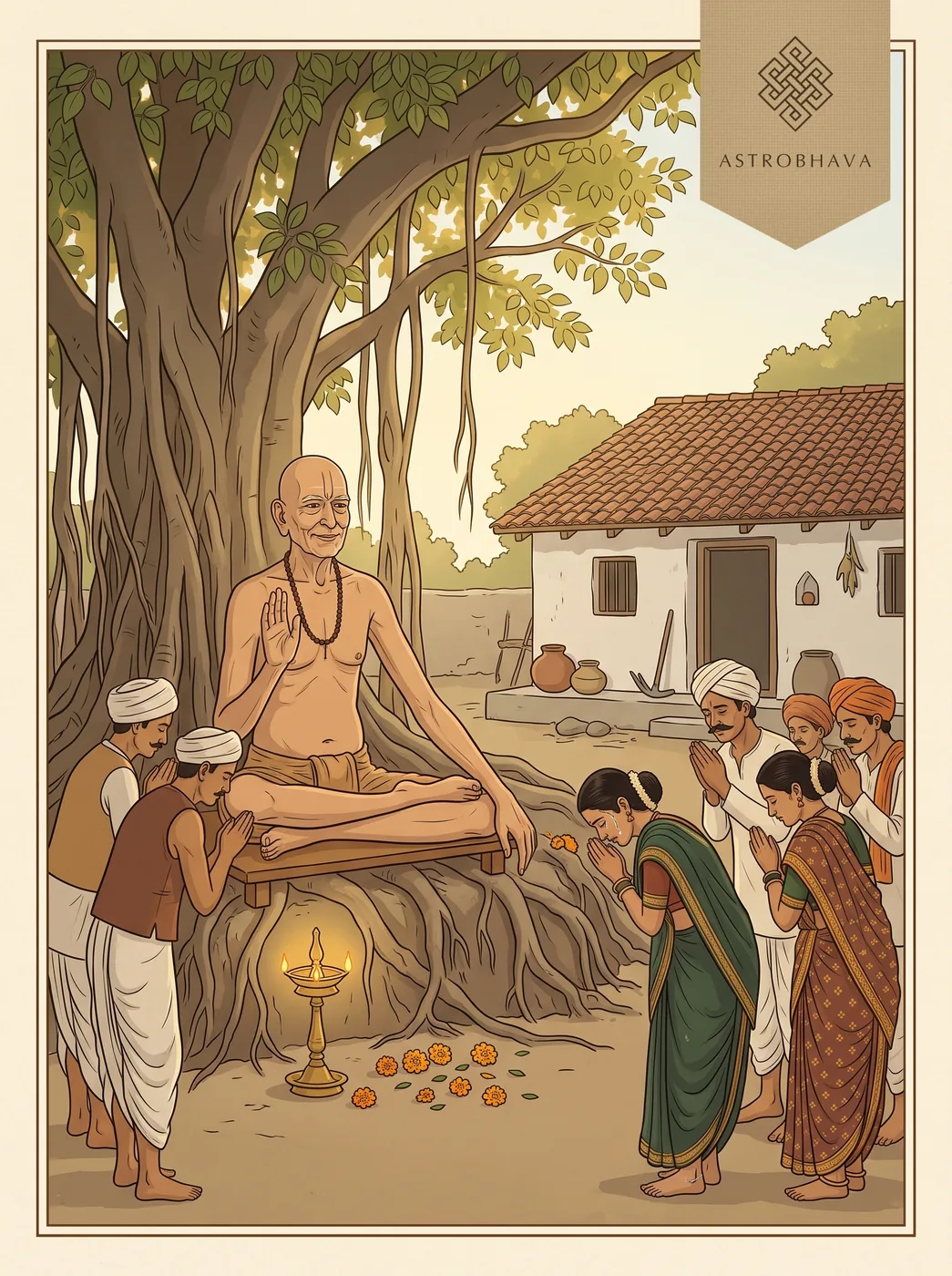 Swami Samarth Mantra: Swami Samarth seated beneath a banyan at Akkalkot, raising his hand in reassurance over bowing devotees