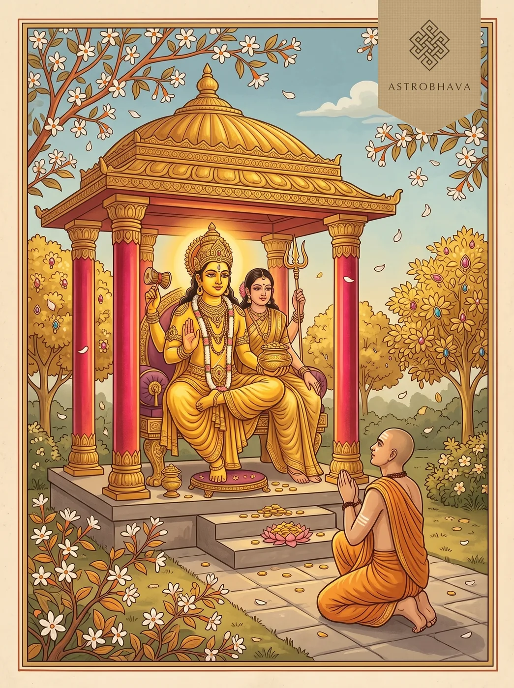 Swarna Akarshana Bhairava Mantra: golden, three-eyed, four-armed Bhairava with the Goddess on a jewelled throne in a ruby pavilion among parijata trees